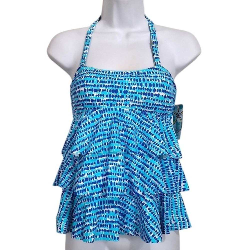 Island Escape Tiered Bandini 6 Aqua Blue Ruffle Halter Tankini Swim Top NEW